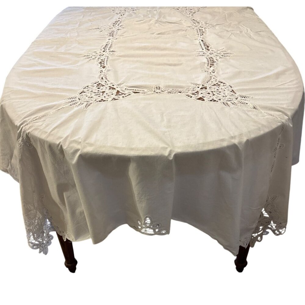 Vintage White Cotton Tablecloth With Intricate Lace Cutwork Design 60x98 Inches‎